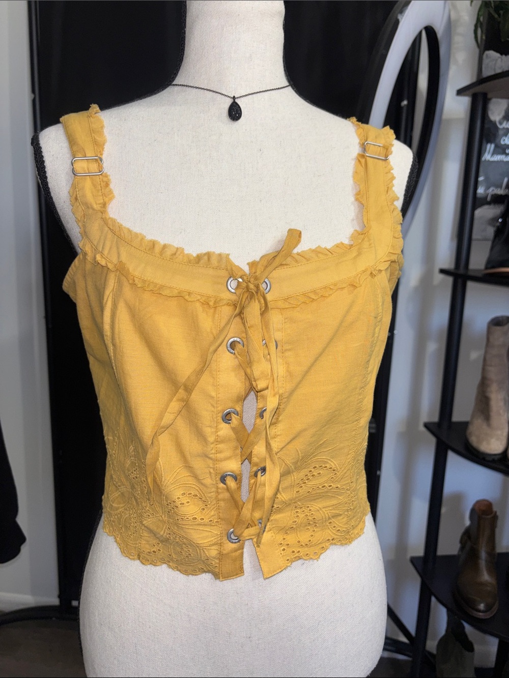 Roxy Mustard Yellow Lace-Up Eyelet Ruffled Cami